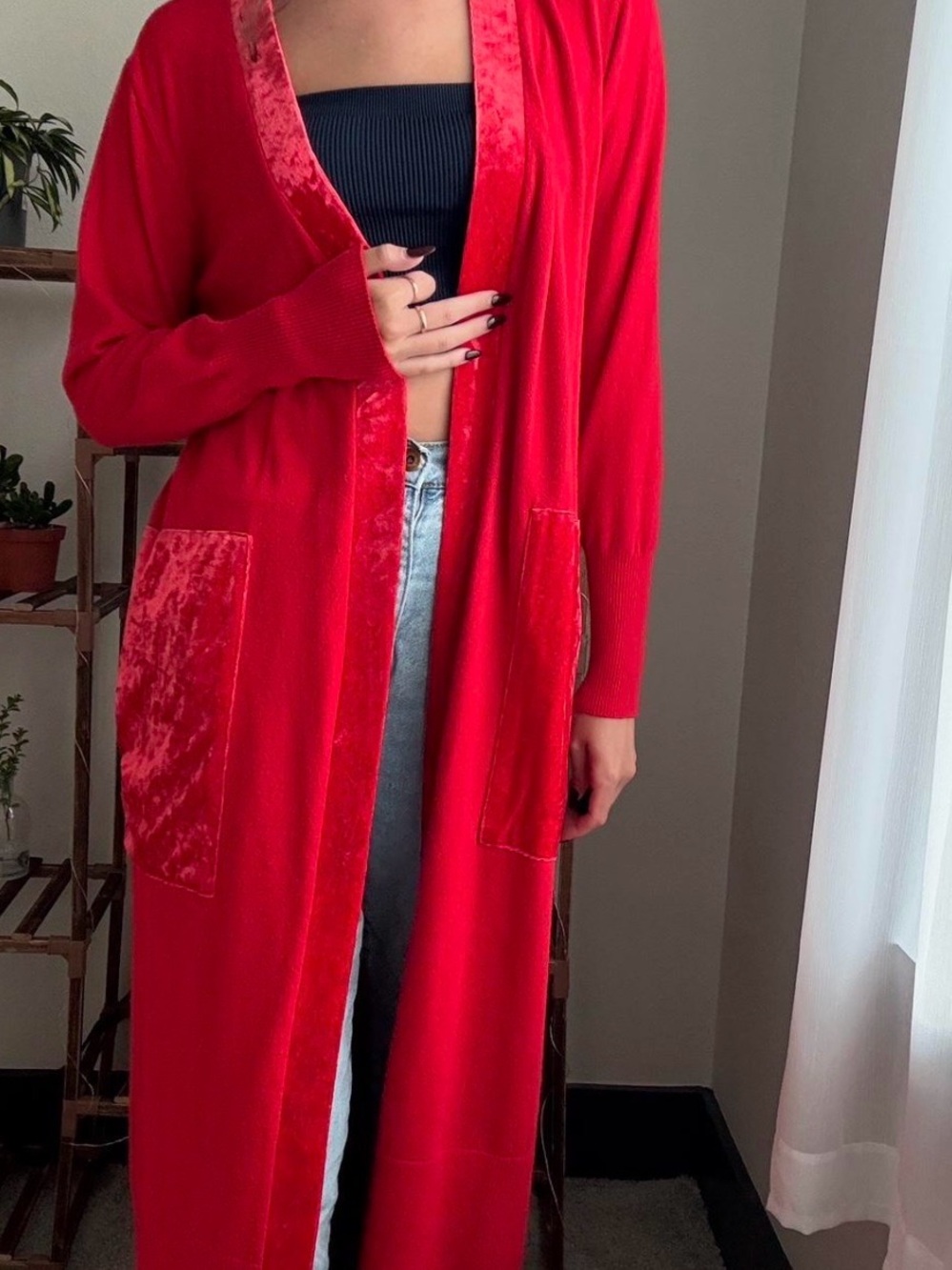 Source Unknown Red Long Cardigan with Velvet Trim